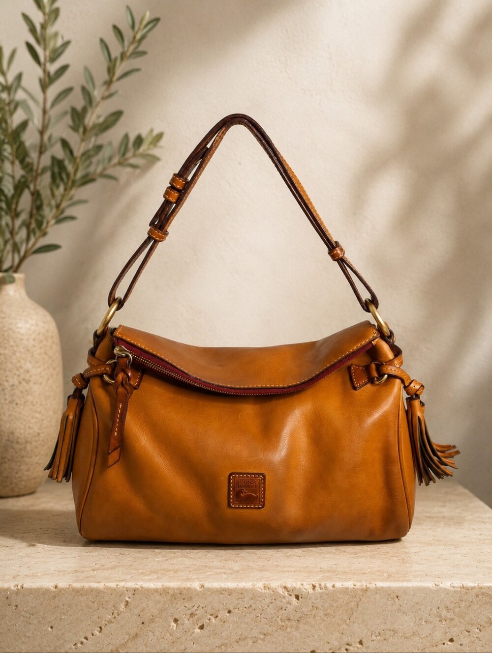 Dooney & Bourke Florentine Leather Tassel Hobo Shoulder Bag Cognac